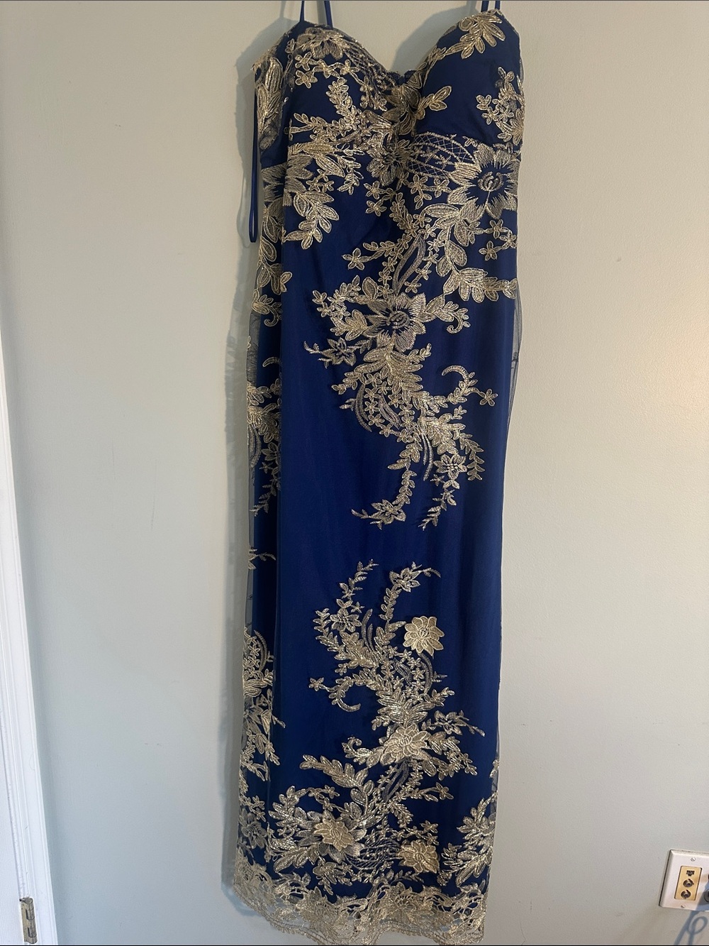 MARINA Navy Blue Evening Gown with Gold Lace Appliqué